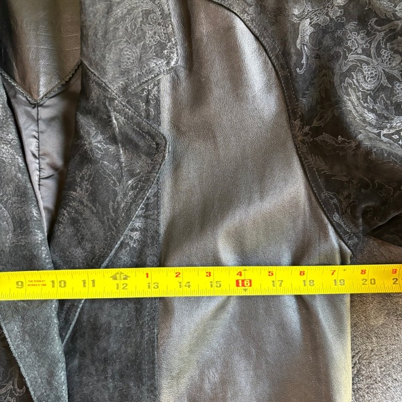 Vintage Leather Suede Coat Women's Duster Jacket Long Black Floral Pattern - Picture 14 of 14